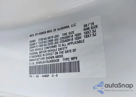 2020 Honda Odyssey Ex-L/Ex-L W/Navi Res from USA, damaged, VIN 5FNRL6H70LB003439